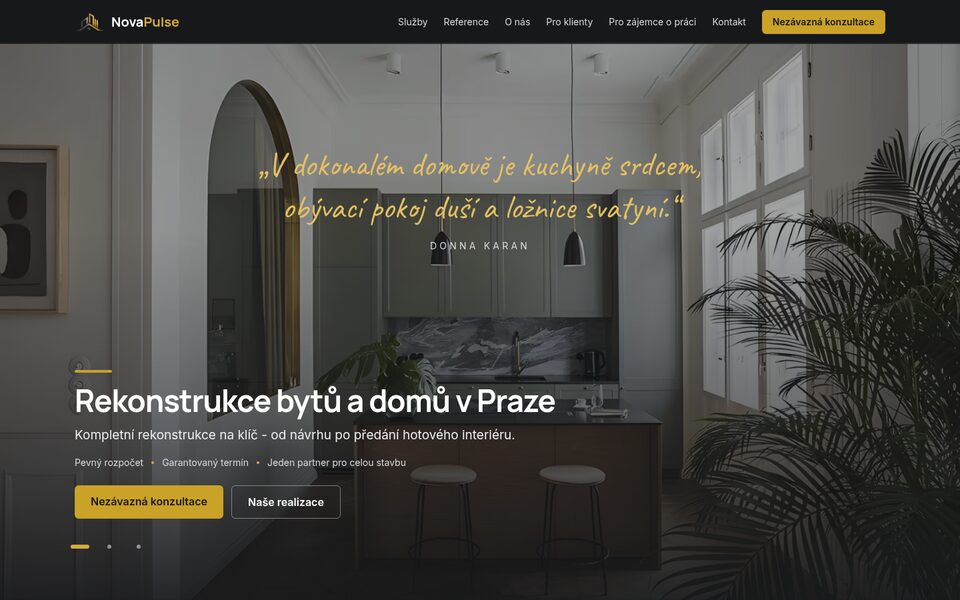 Úvodní stránka webu NovaPulse - rekonstrukce bytů a domů v Praze